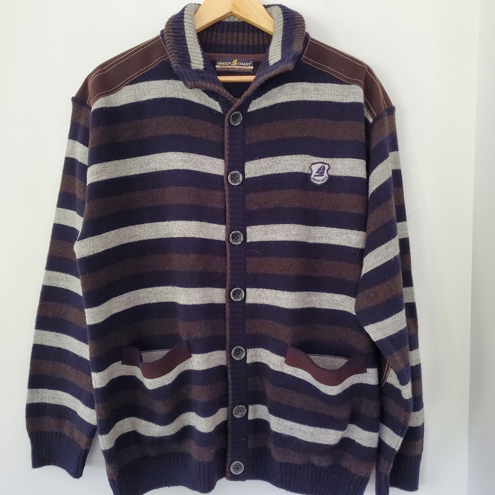 GREEN COAST XL Merino Alpaca Wool Knit Button Cardigan Sweater Stripe ITALY Prep